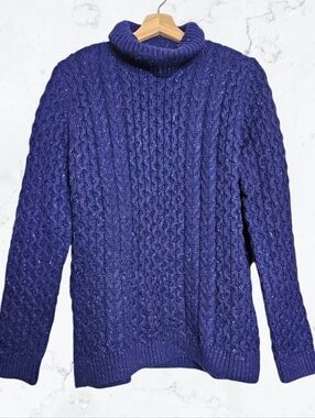 New Land's End Cotton & Wool Royal Blue Chunky Cable Knit Turtleneck Sweater